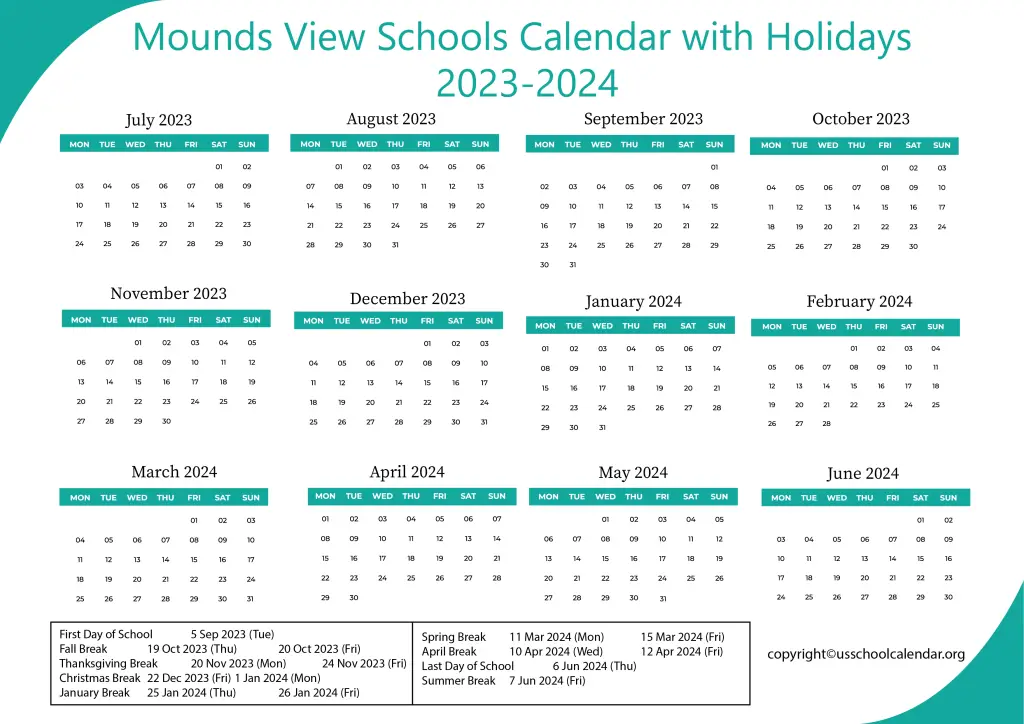 Mounds View Schools Calendar with Holidays 2023-2024