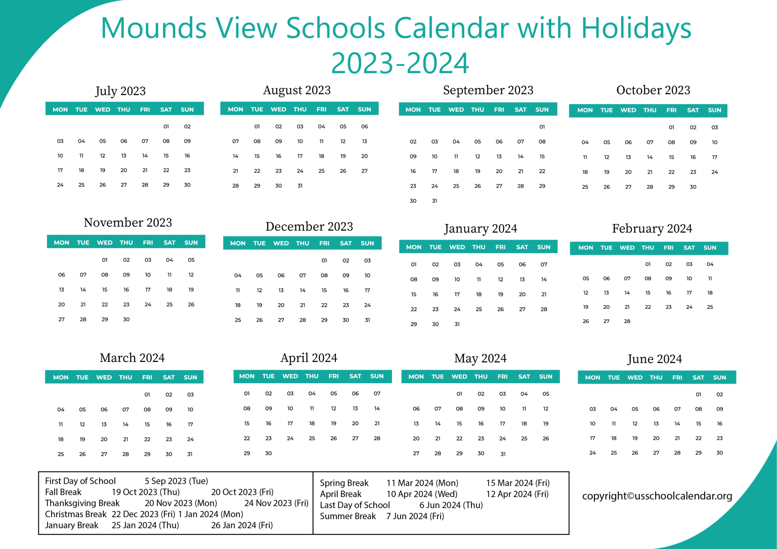 Mounds View Schools Calendar with Holidays 20232024