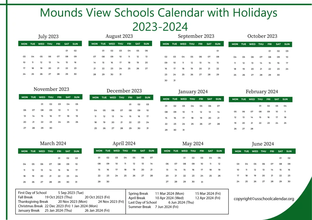 Mounds View Schools Calendar with Holidays 2023-2024 2