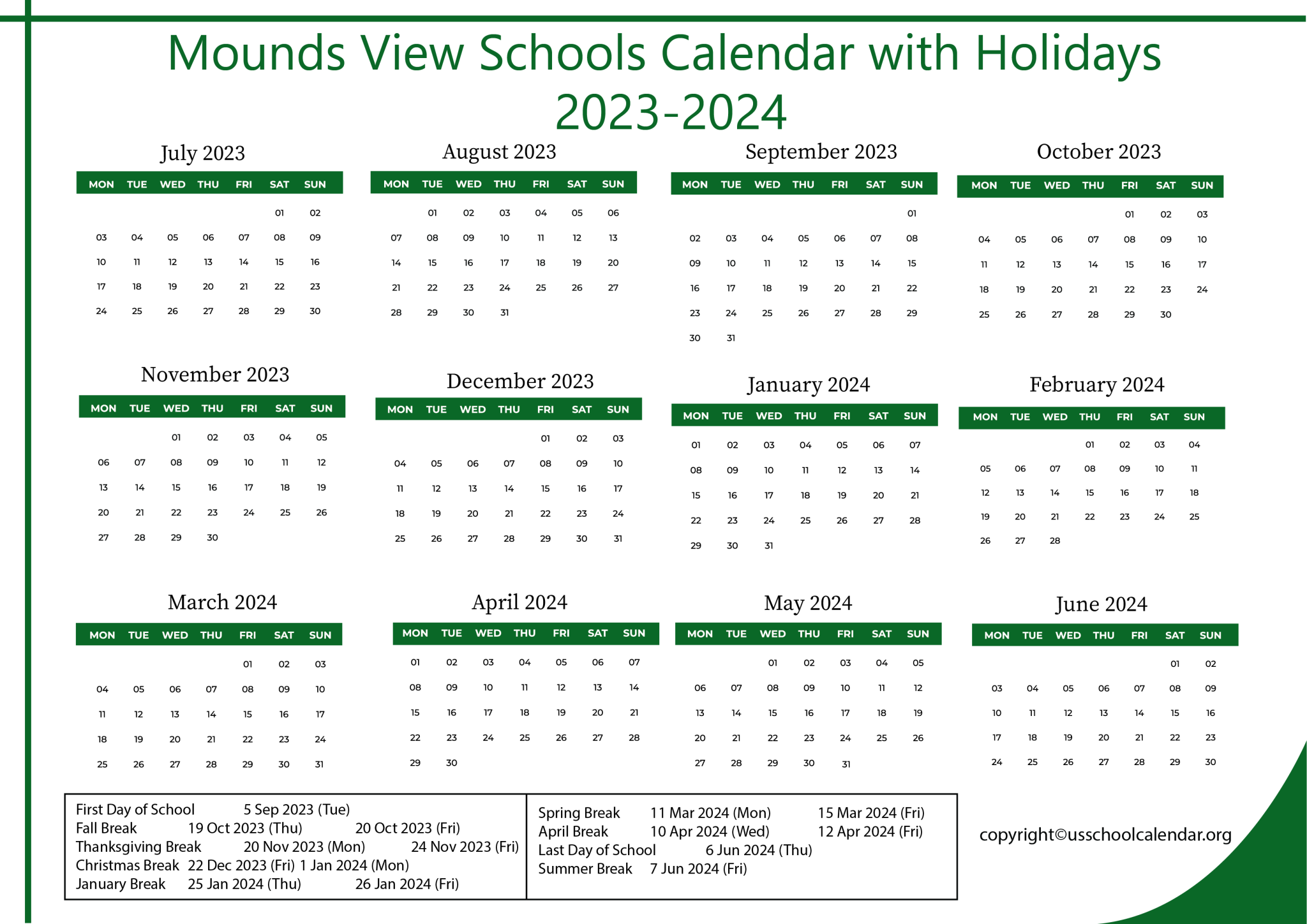 Mounds View Schools Calendar with Holidays 20232024