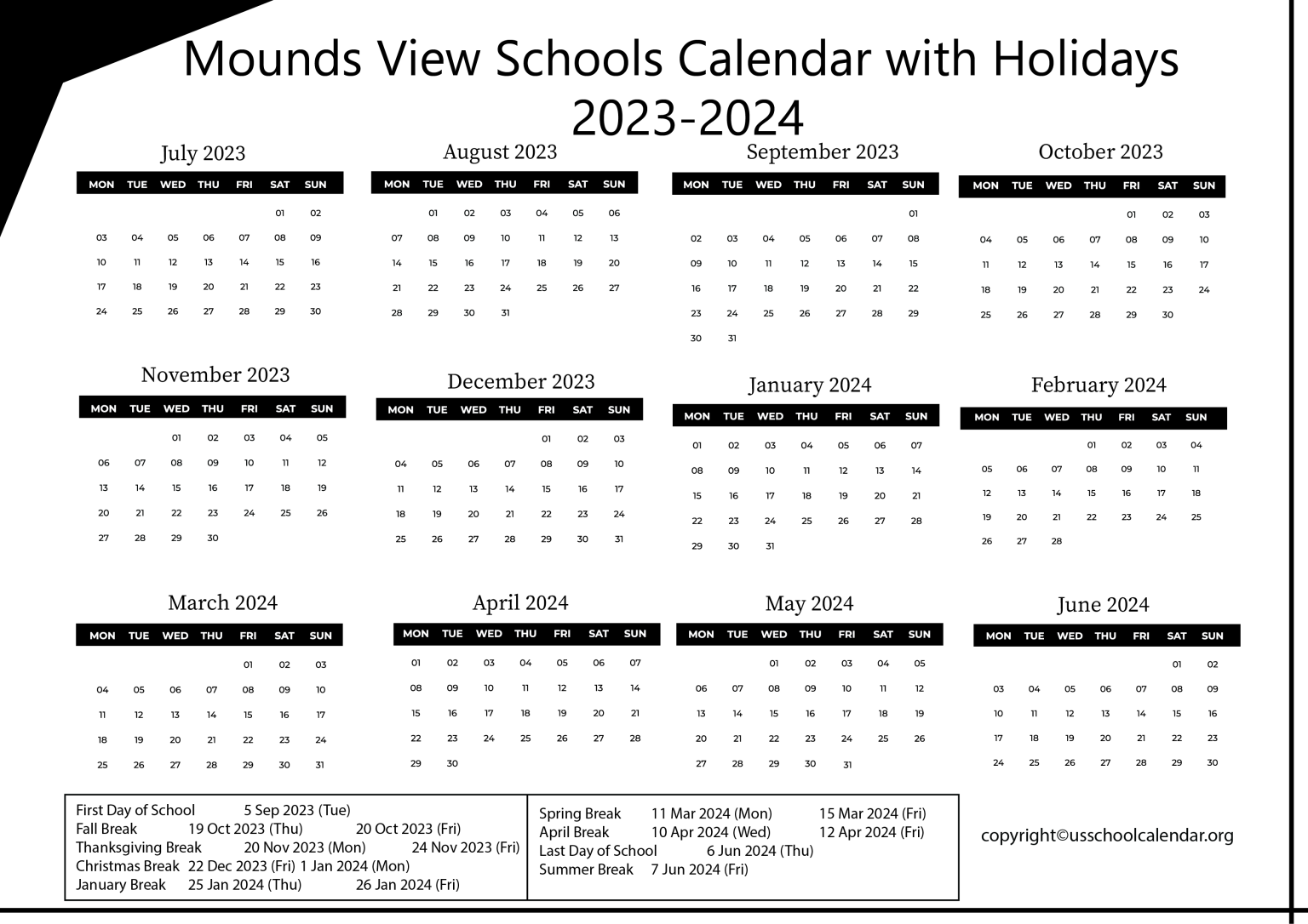 Mounds View Schools Calendar with Holidays 20232024