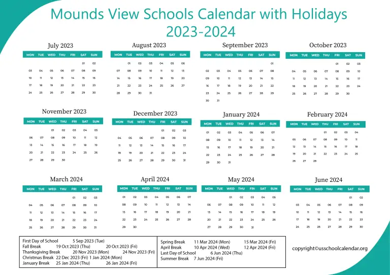 Mounds View Schools Calendar with Holidays 20232024