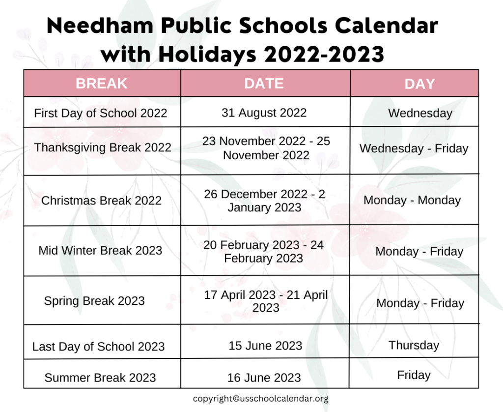 Needham Public Schools Calendar with Holidays 2022-2023