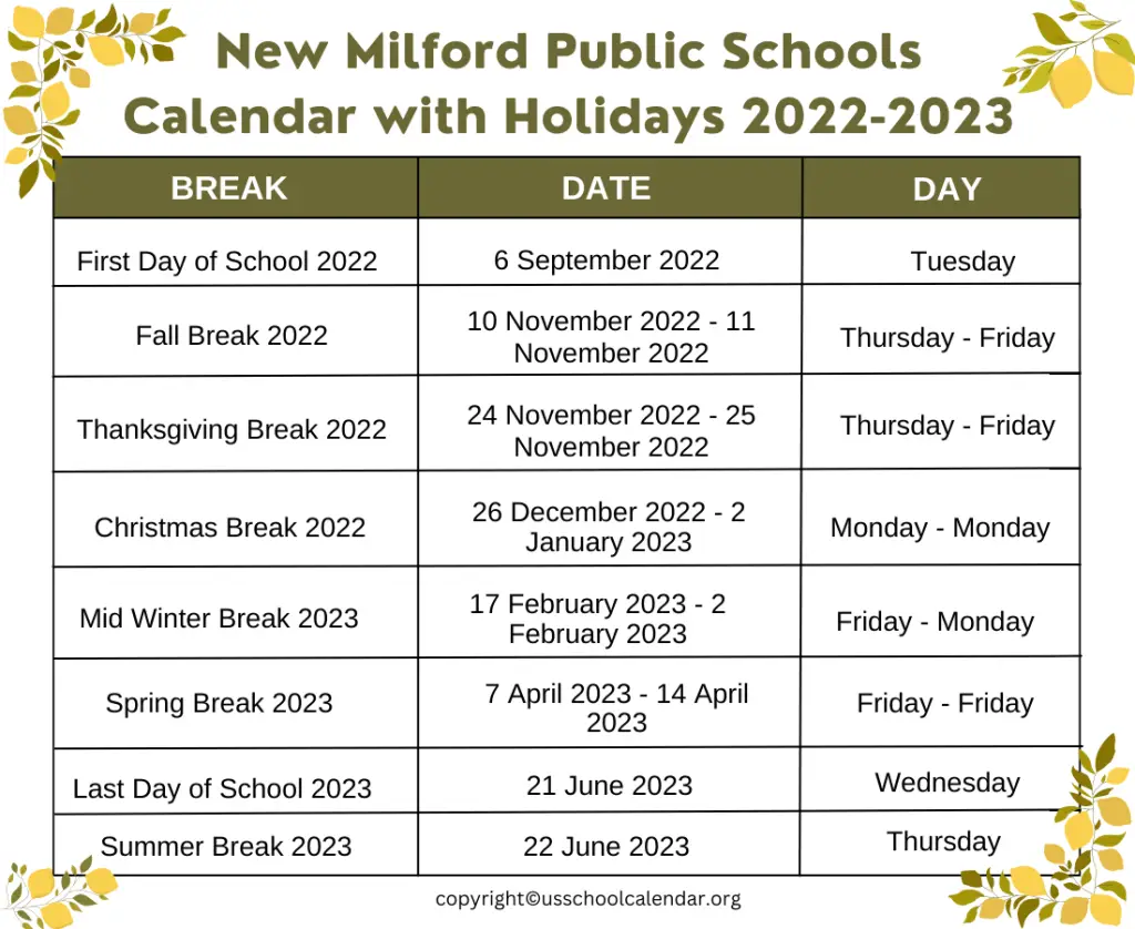 New Milford Public Schools Calendar with Holidays 2022-2023