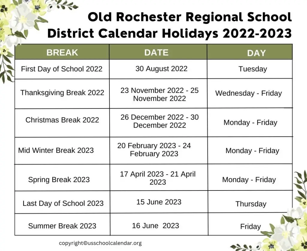 Old Rochester Regional School District Calendar