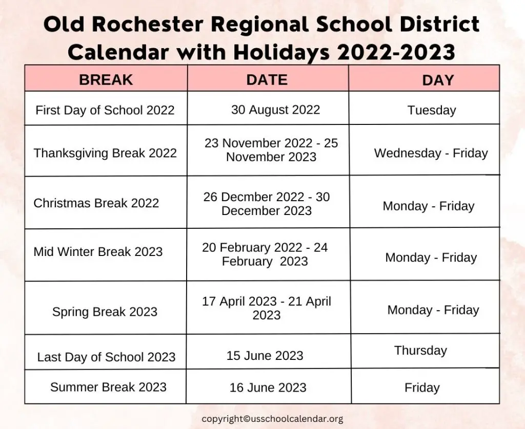 Old Rochester Regional School Calendar