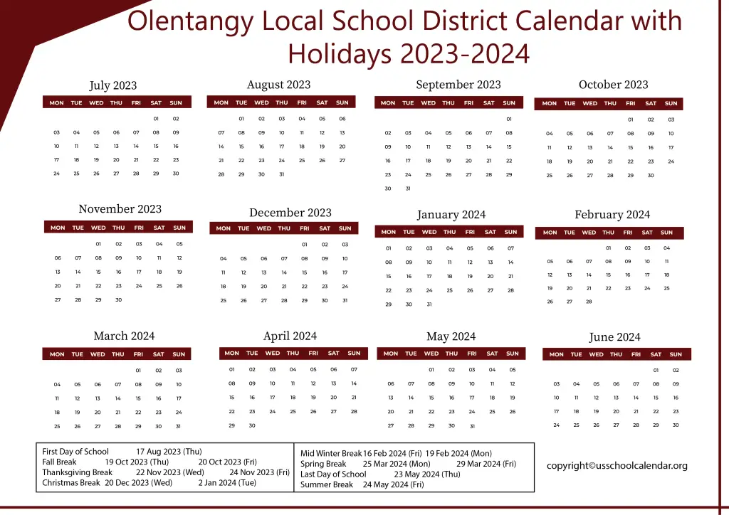 Olentangy Local School District Calendar with Holidays 2023-2024
