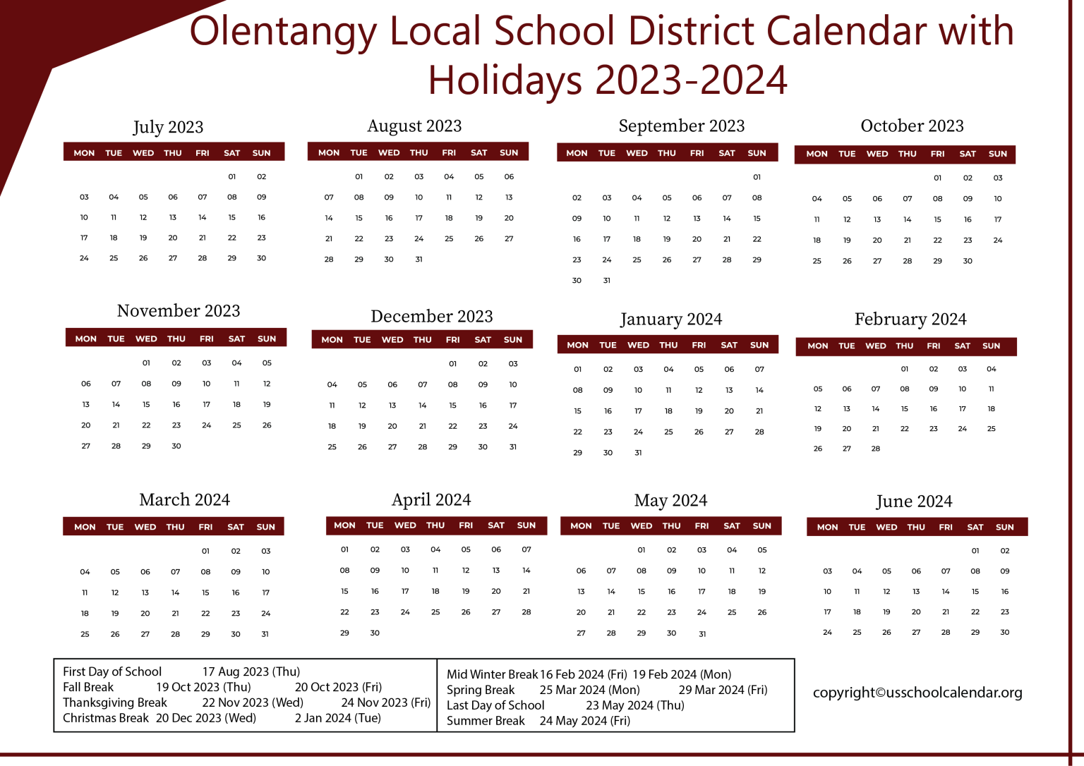 Olentangy Local School District Calendar with Holidays 20232024