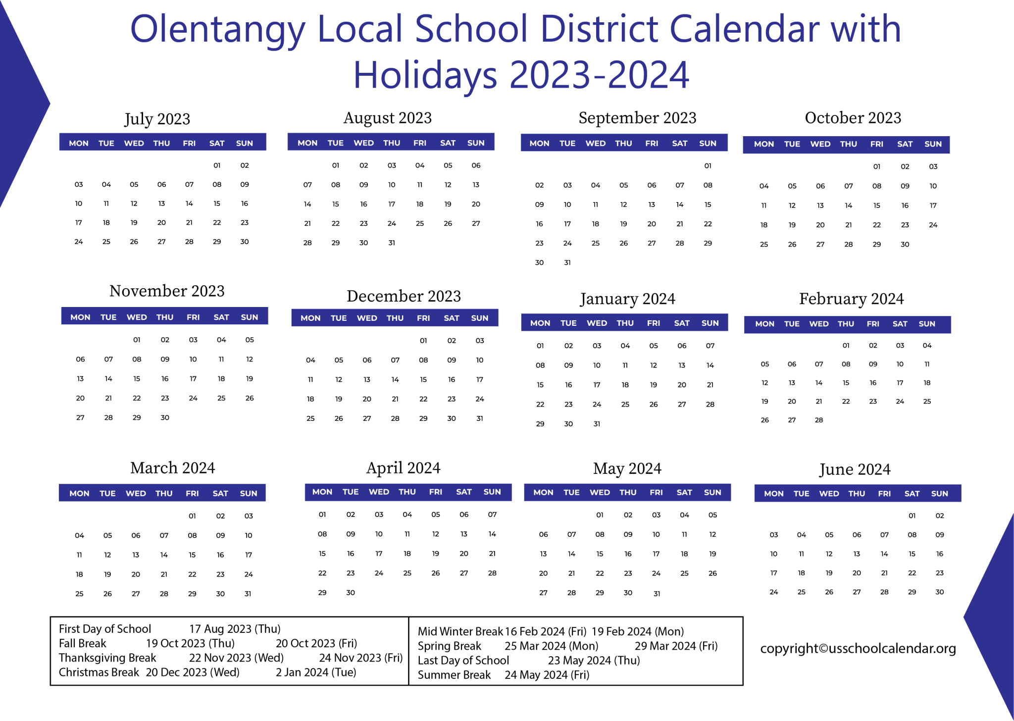 Olentangy Local School District Calendar with Holidays 20232024