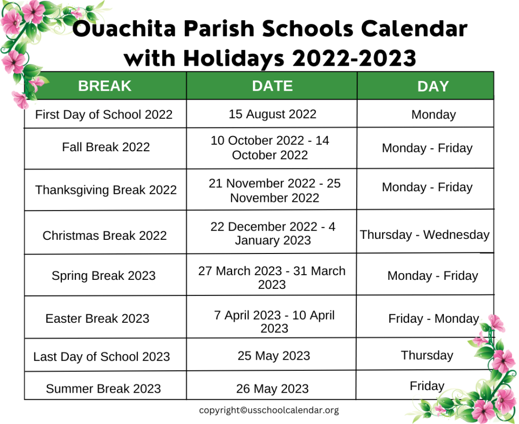 Ouachita Parish Schools Calendar with Holidays 2022-2023