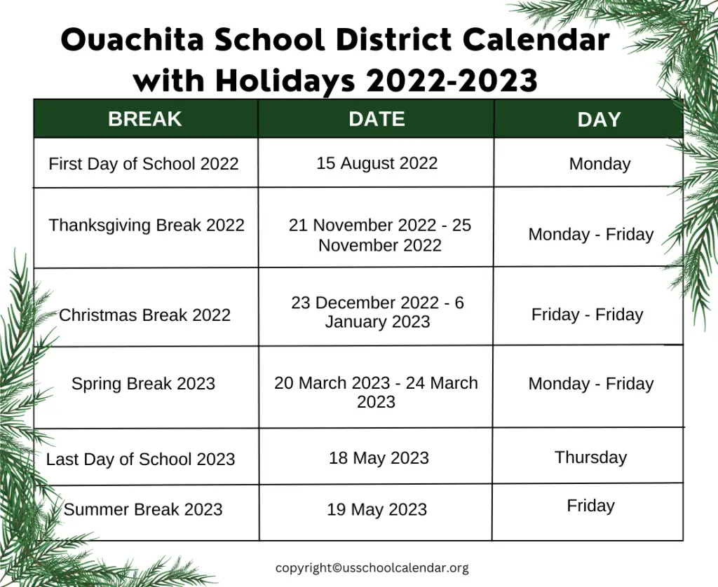 Ouachita School District Calendar with Holidays 2022-2023