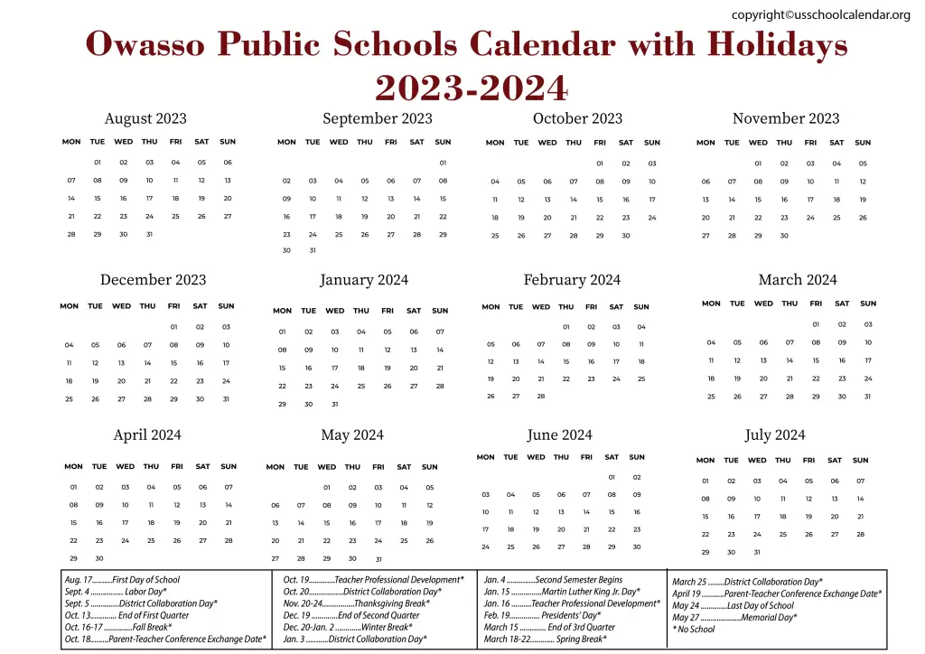 Owasso Public Schools Calendar with Holidays 2023-2024