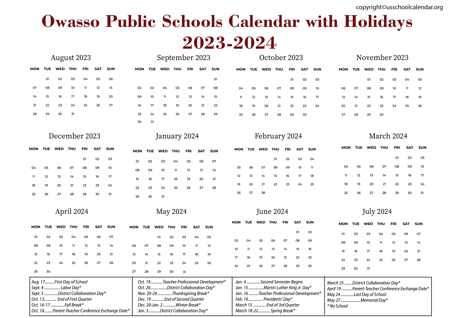 Owasso Public Schools Calendar With Holidays 2023 2024