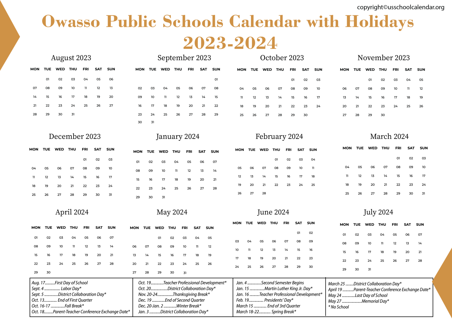 Owasso Public Schools Calendar with Holidays 20232024