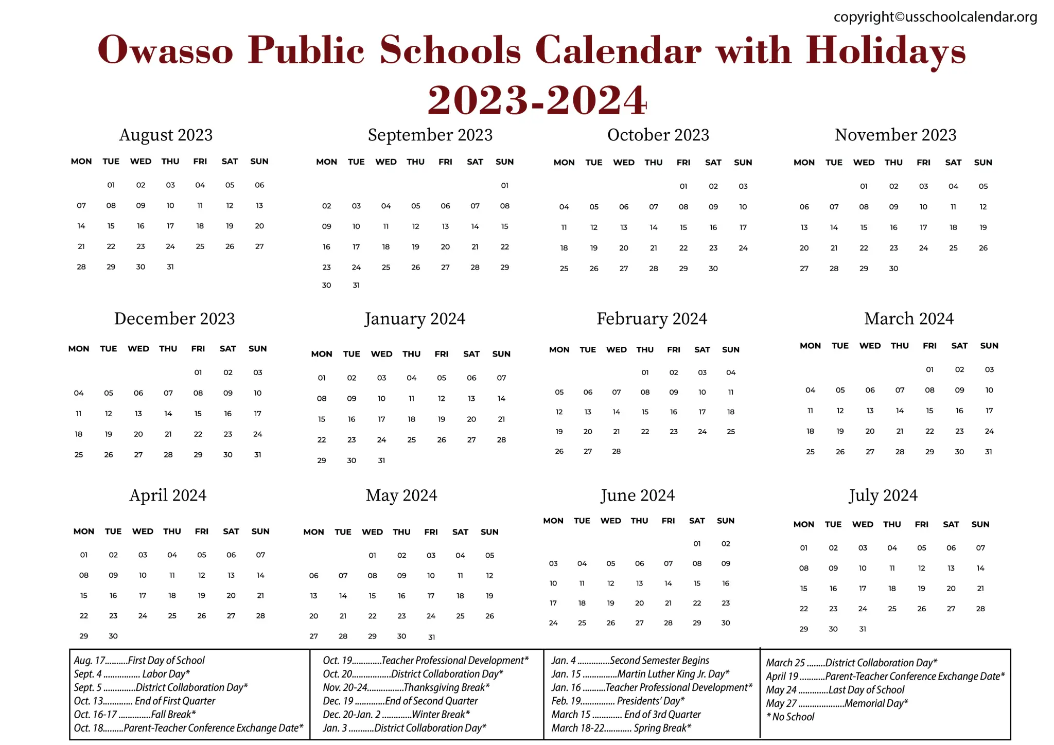 Owasso Public Schools Calendar with Holidays 20232024