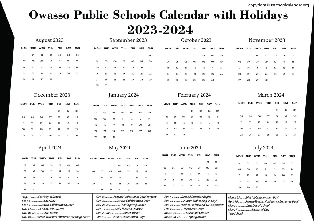 Owasso Public Schools Calendar with Holidays 2023-2024 3