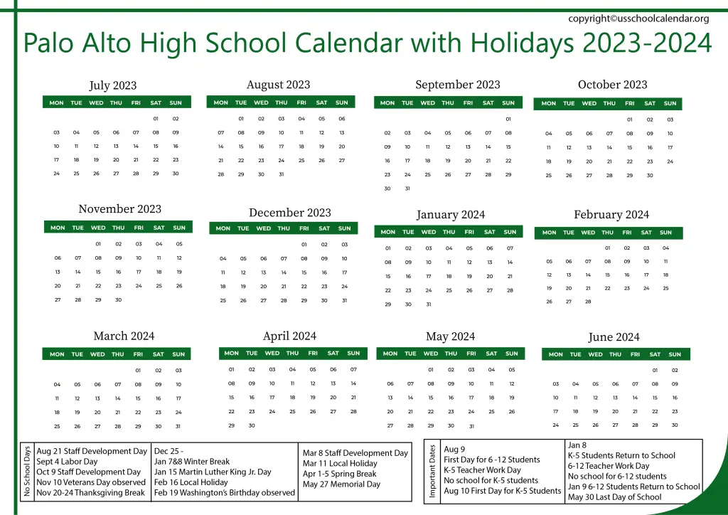 Palo Alto High School Calendar with Holidays 2023-2024