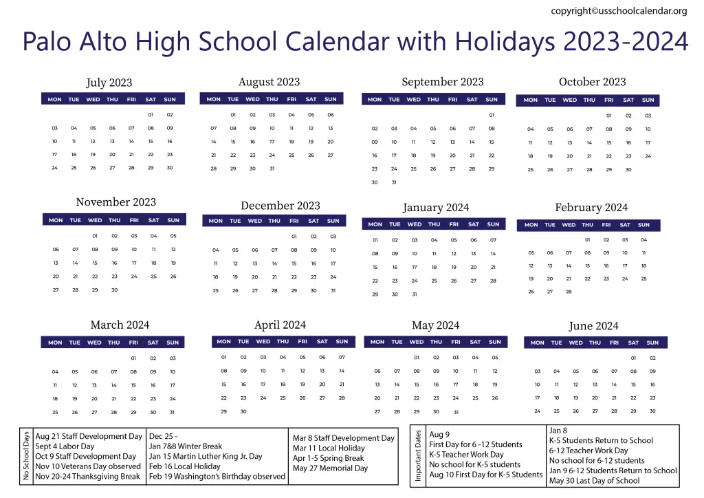 Palo Alto High School Calendar with Holidays 2023-2024 2
