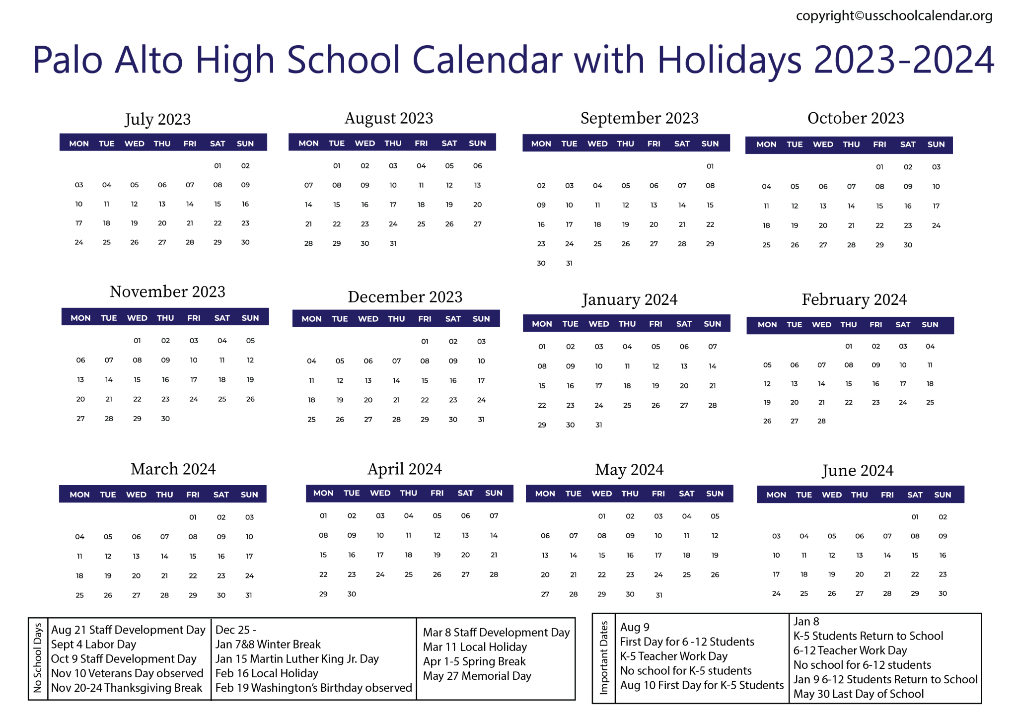 [PAHS] Palo Alto High School Calendar with Holidays 20232024