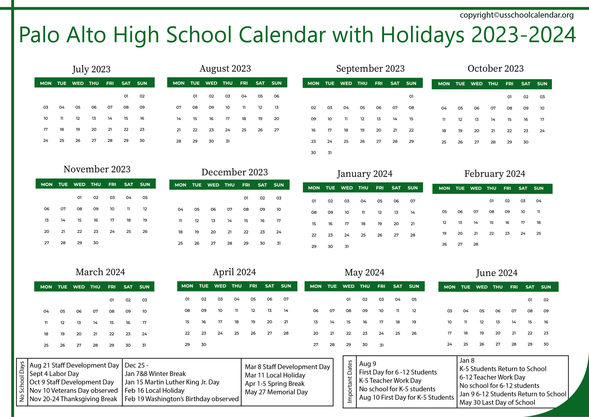 [PAHS] Palo Alto High School Calendar with Holidays 20232024