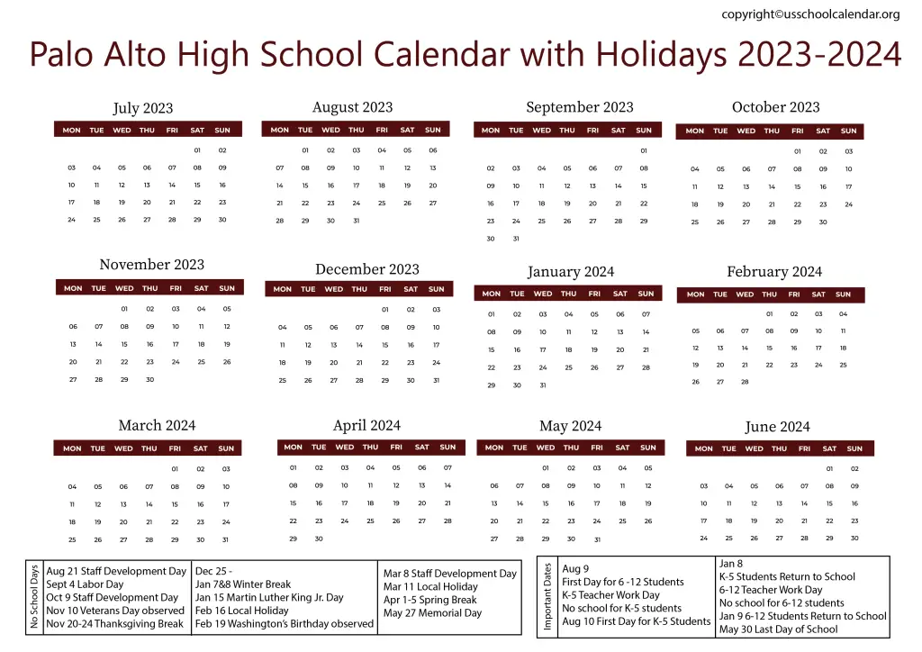 Palo Alto High School Calendar with Holidays 2023-2024 3