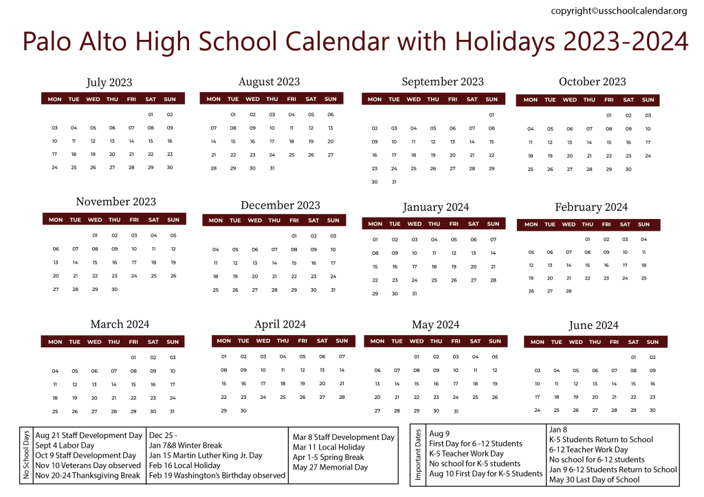  PAHS Palo Alto High School Calendar With Holidays 2023 2024