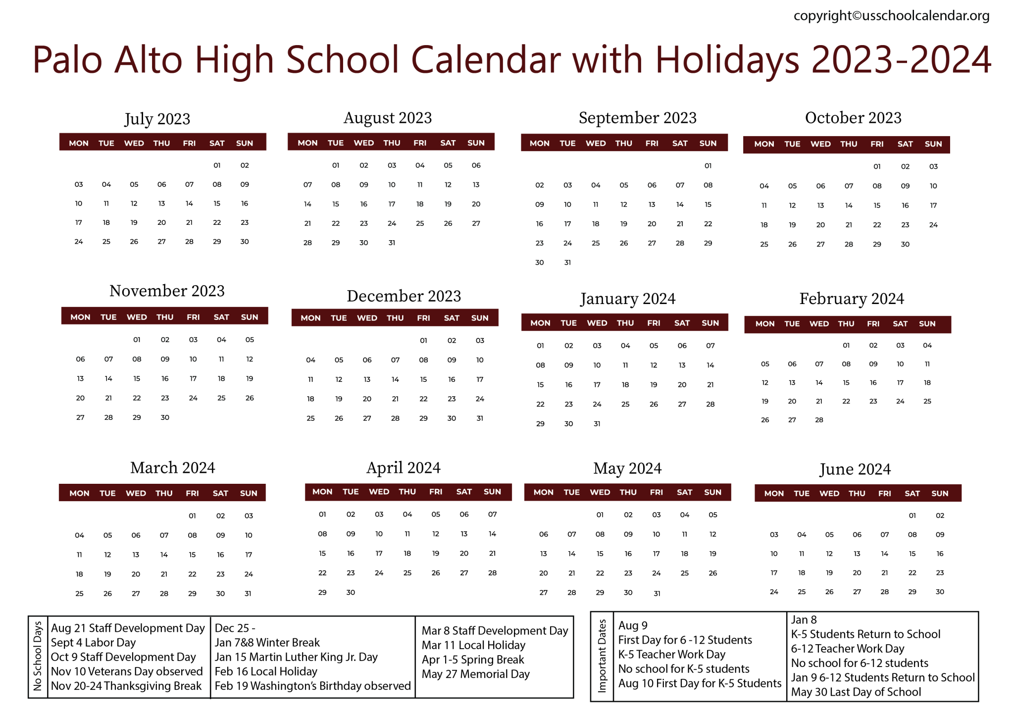Palo Alto High School Holiday Calendar - US School Calendar