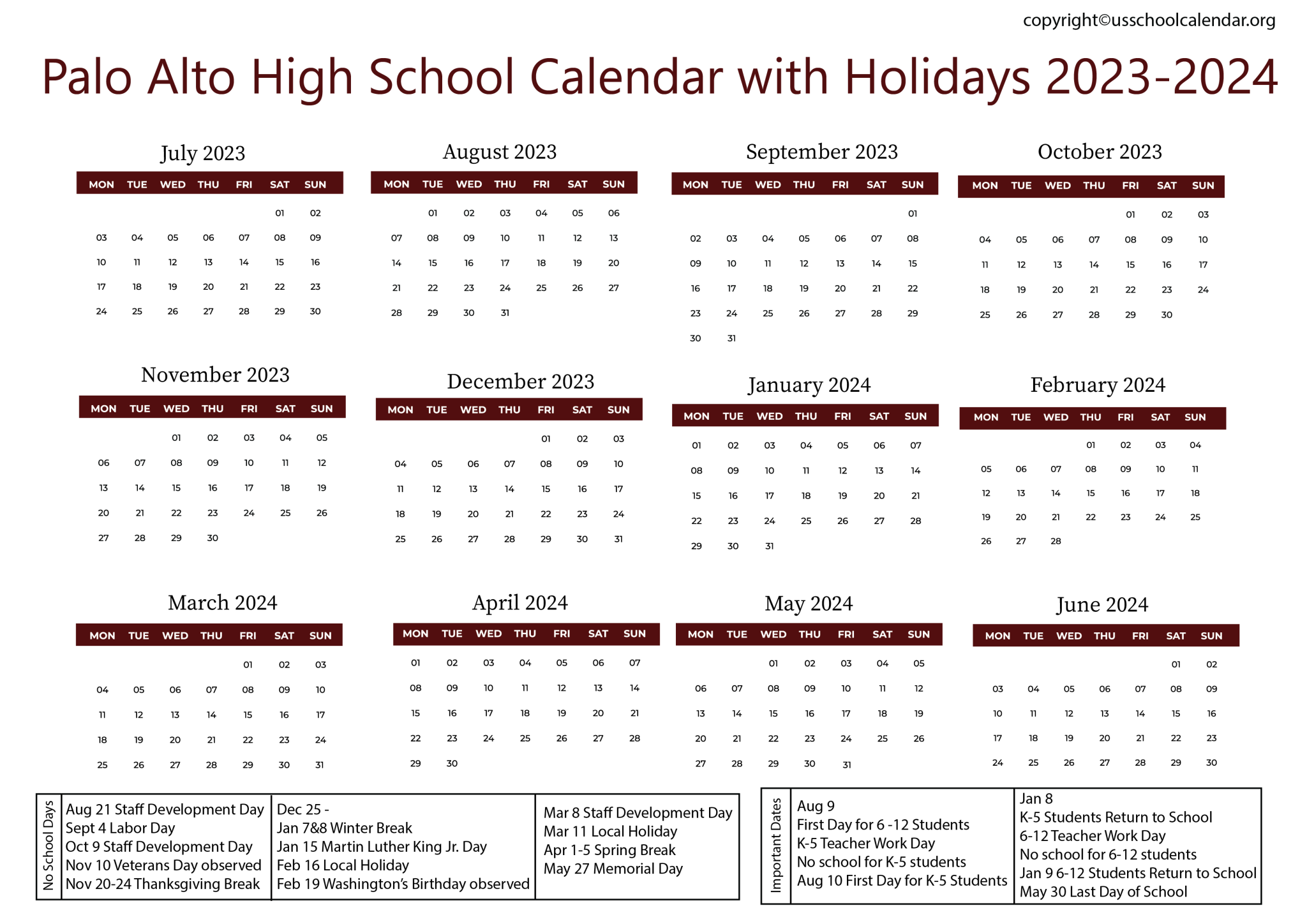 [PAHS] Palo Alto High School Calendar with Holidays 20232024