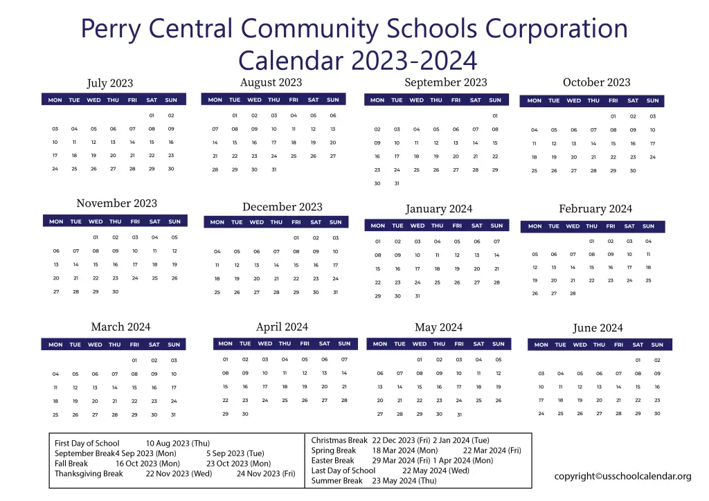 Perry Central Community Schools Corporation Calendar 2023-2024