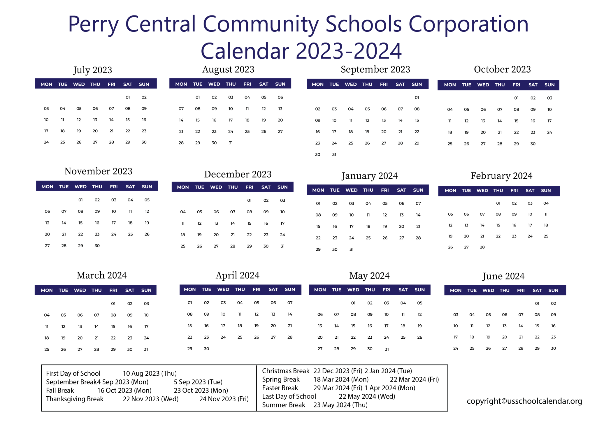 Perry Central Community Schools Corporation Calendar 20232024