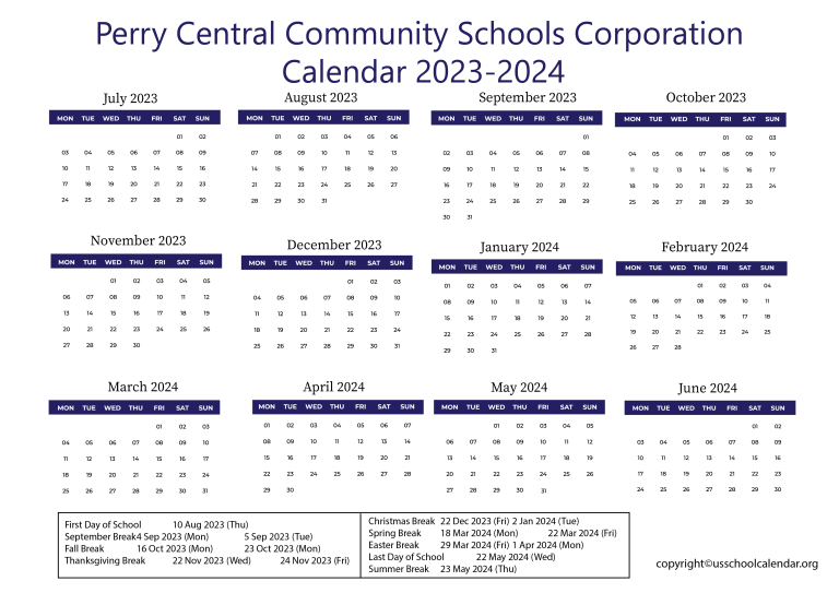 Perry Central Community Schools Corporation Calendar 2023 2024