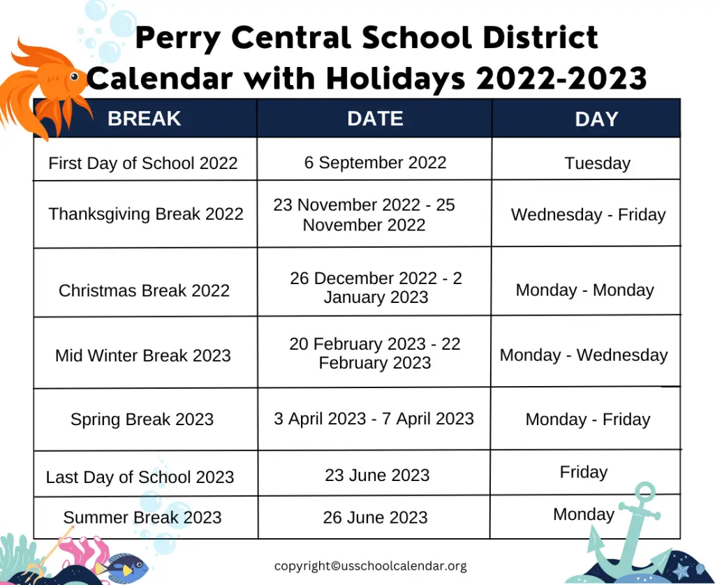 Perry Central School District Calendar with Holidays 2022-2023