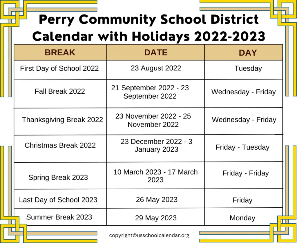 Perry Community School District Calendar with Holidays 2022-2023