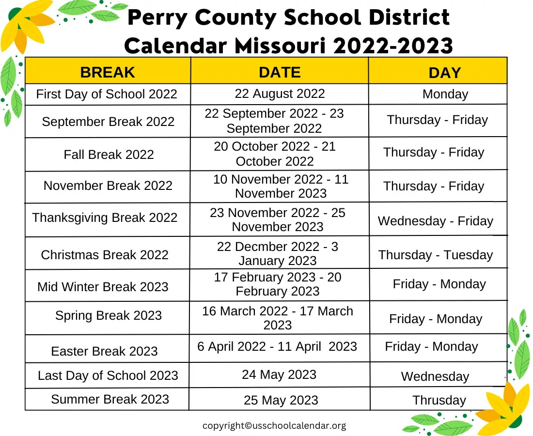 Perry County School District Missouri Calendar 2023