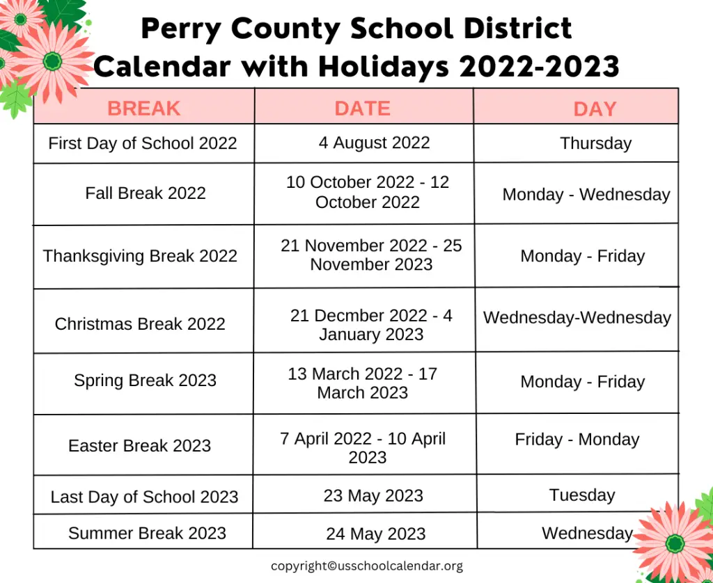 Perry County School District Calendar with Holidays 2022-2023