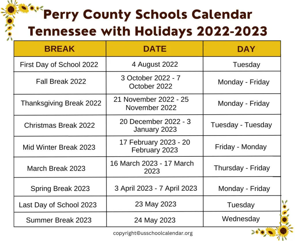 Perry County Schools Calendar Tennessee with Holidays 2022-2023