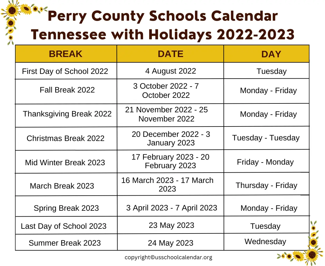 Perry County Schools Tennessee Calendar with Holidays 2023