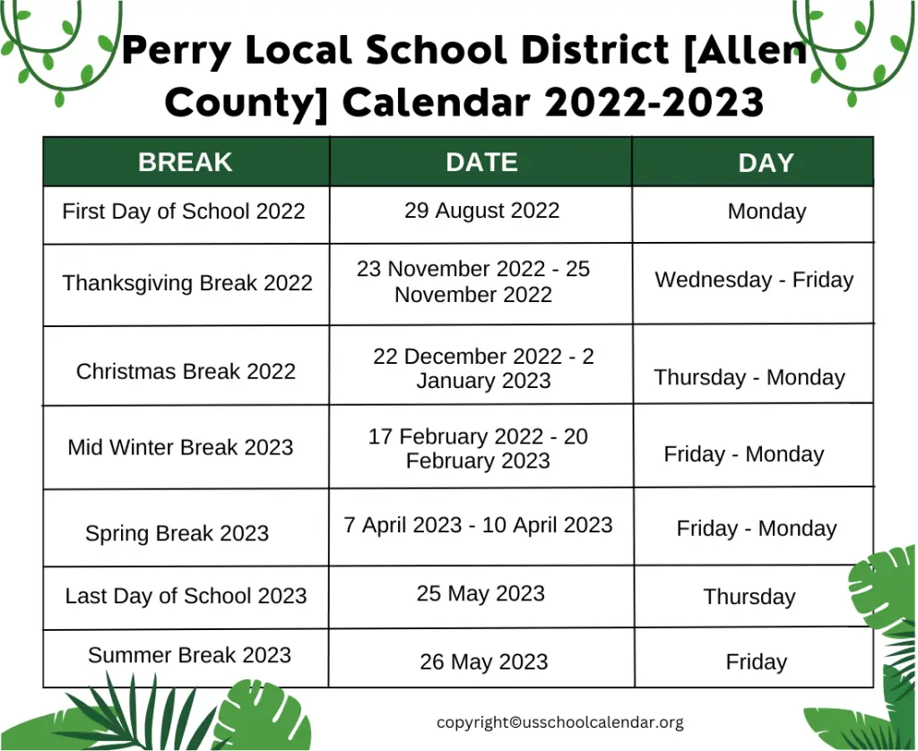 Perry Local School District [Allen County] Calendar 2022-2023