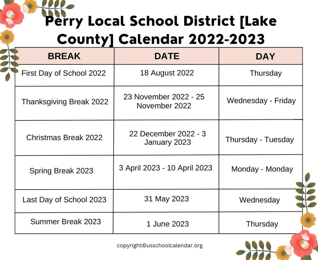 Perry Local School District [Lake County] Calendar 2022-2023