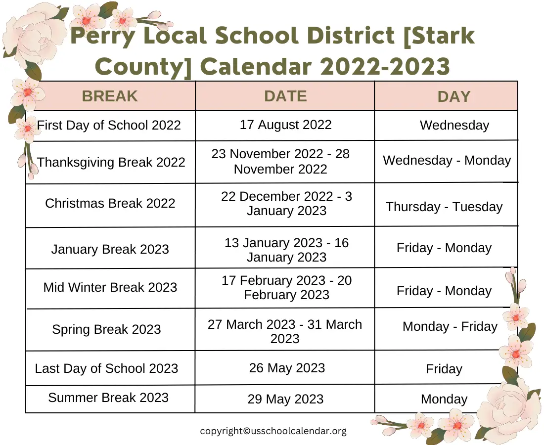 Perry Local School District Stark County Calendar 2023