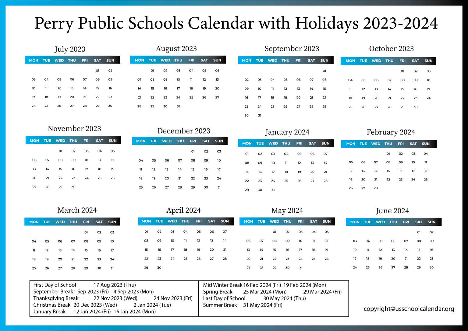 Perry Public Schools Calendar with Holidays 20232024
