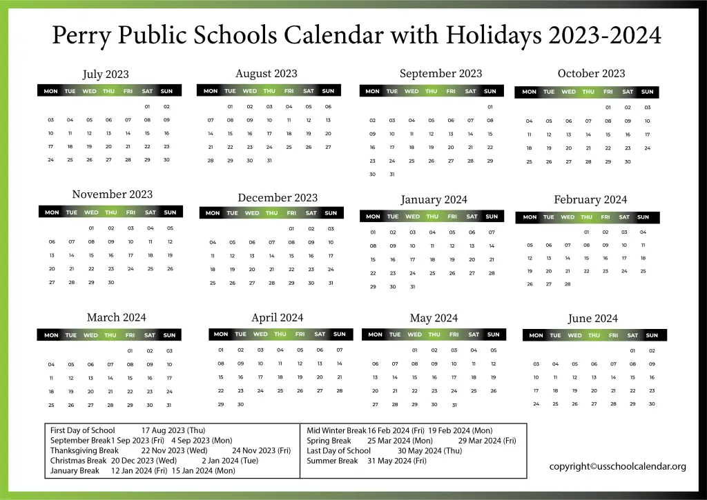 Perry Public Schools Calendar with Holidays 2023-2024 2