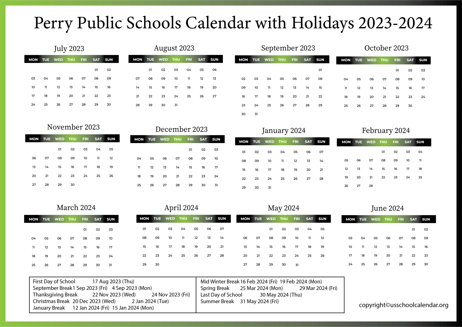 Perry Public Schools Calendar with Holidays 20232024