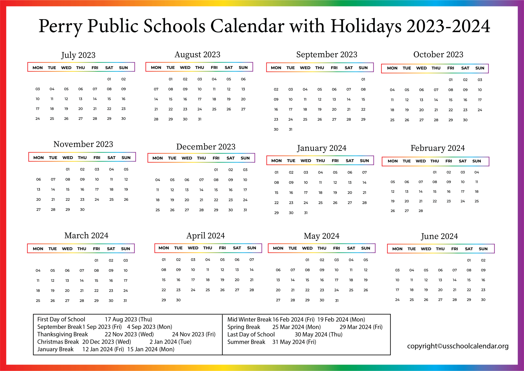 Perry Public Schools Calendar with Holidays 2023 2024