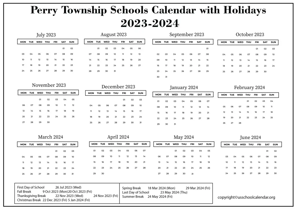 Perry Township Schools Calendar with Holidays 2023-2024 2