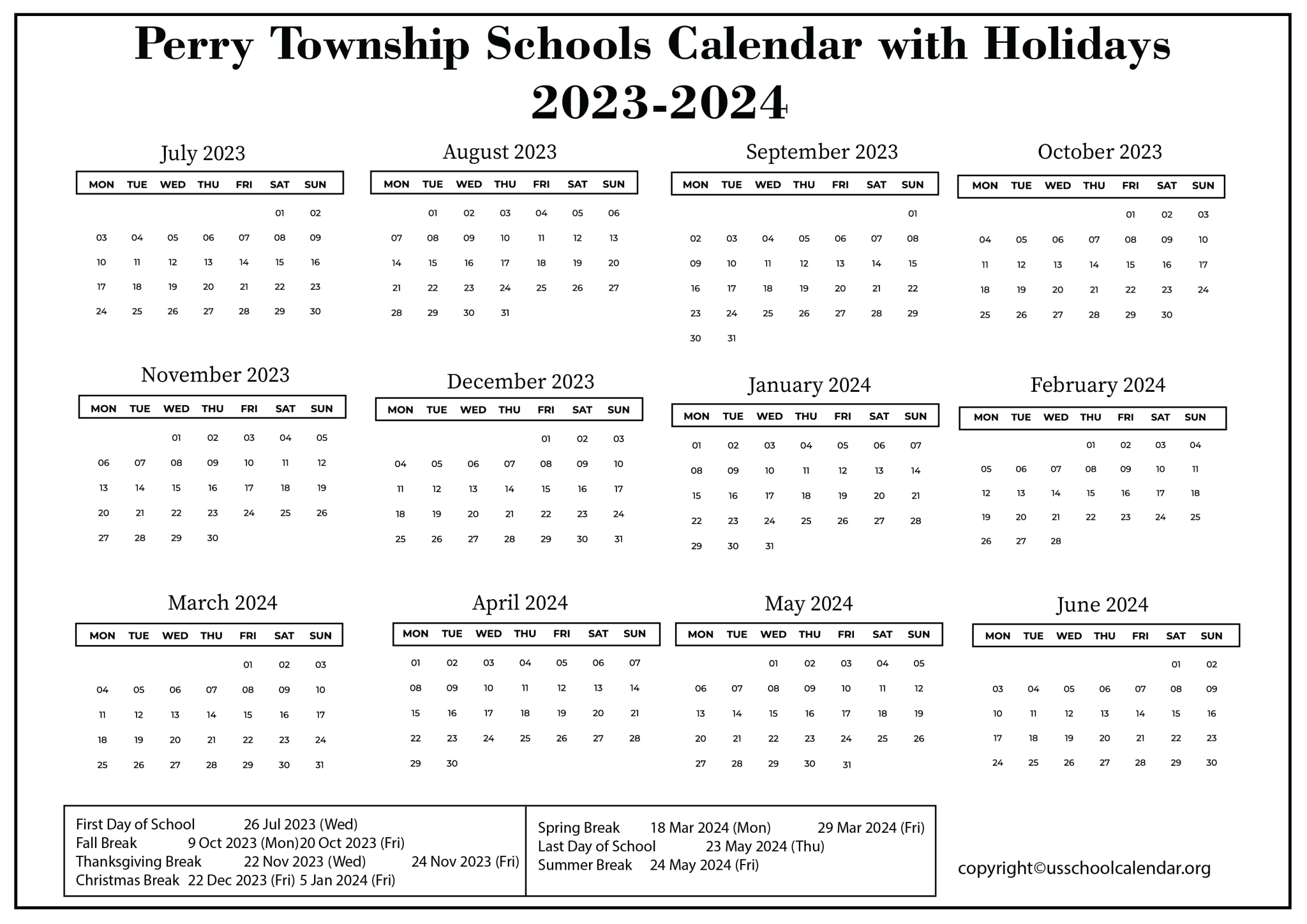 Perry Township Schools Calendar with Holidays 20232024