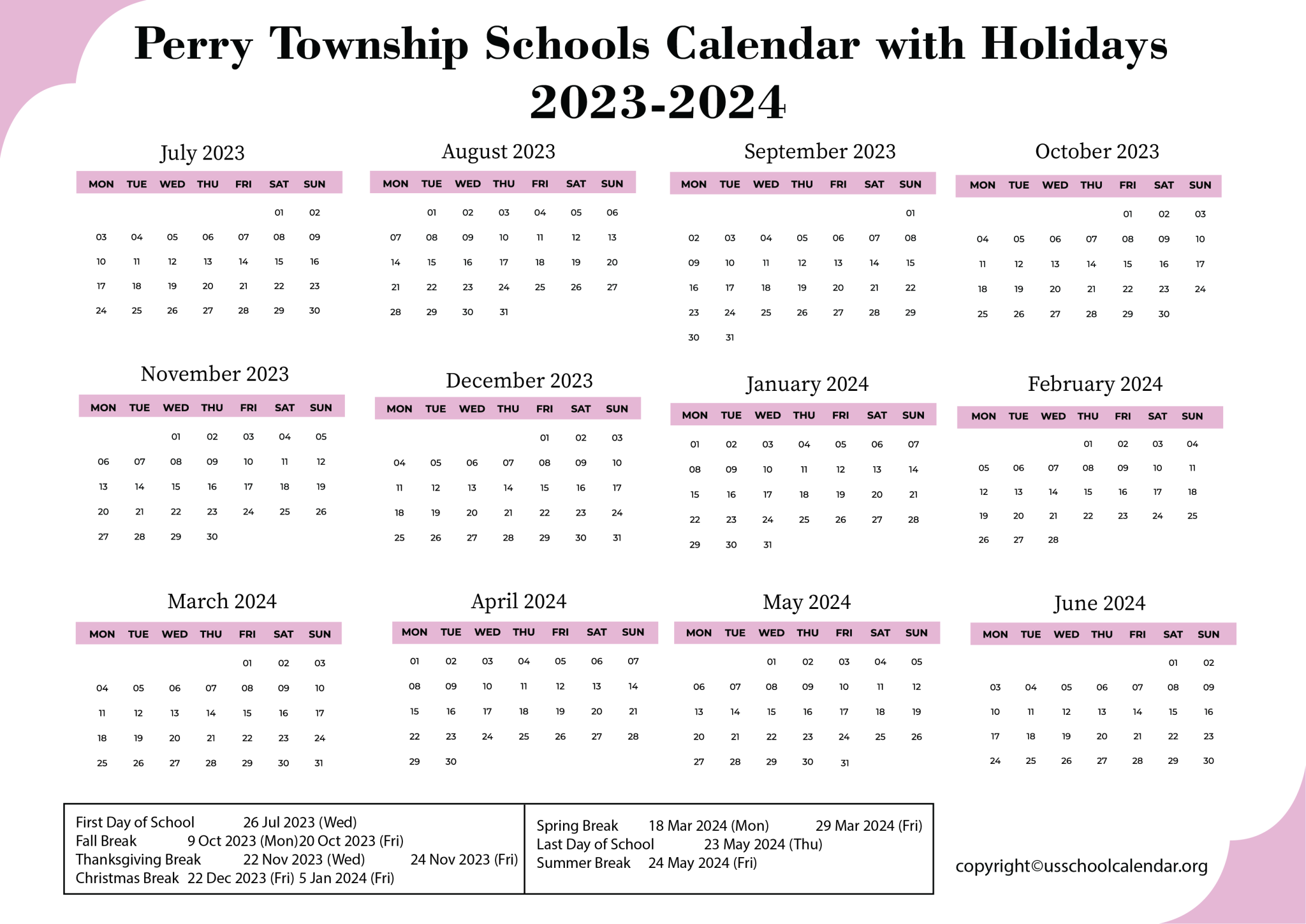 Perry Township Schools Calendar with Holidays 20232024