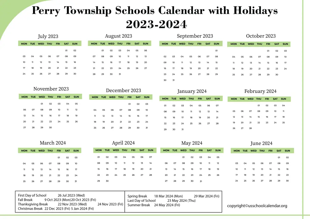 Perry Township Schools Calendar with Holidays 2023-2024 3