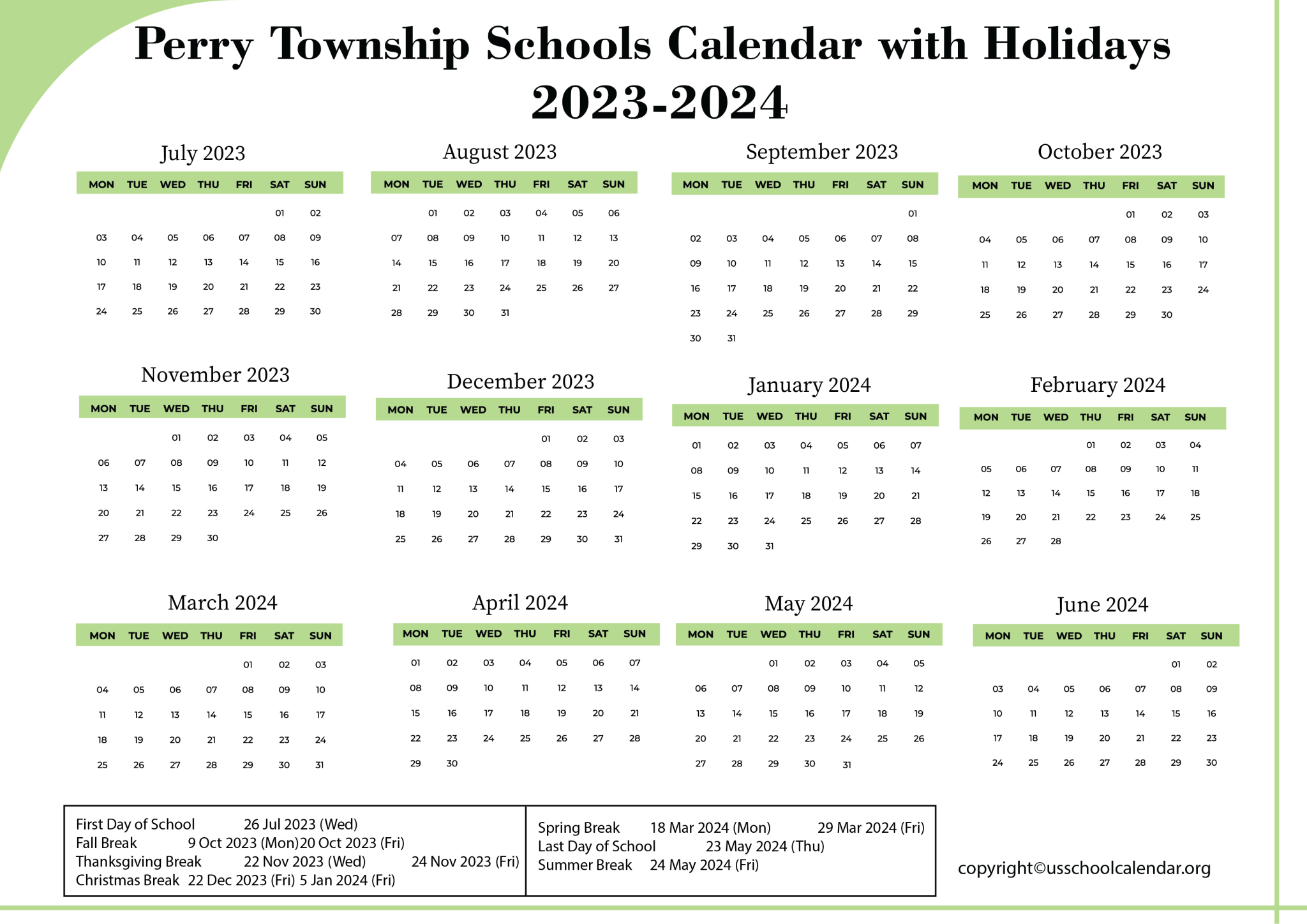 Perry Township Schools Calendar with Holidays 20232024