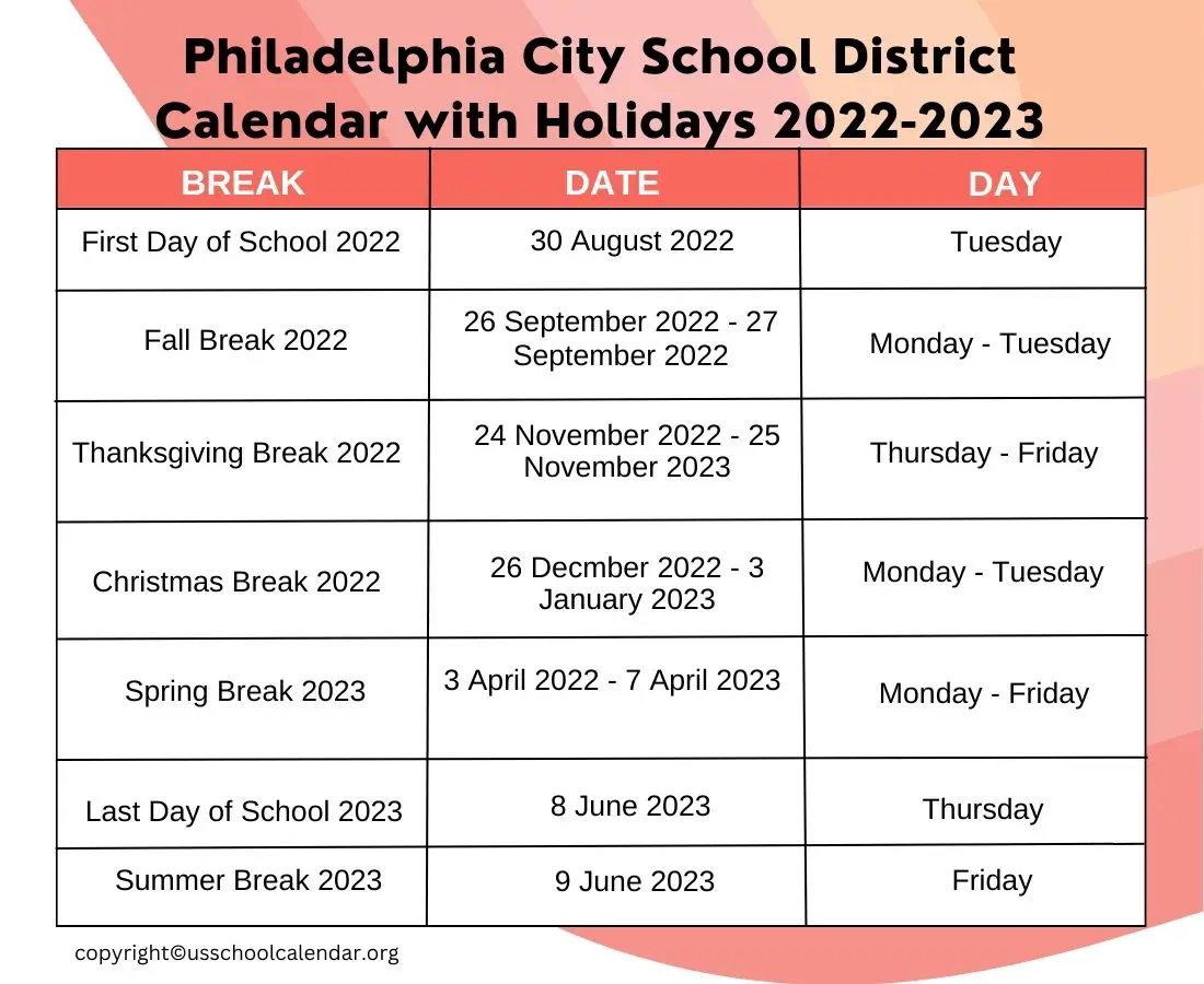 Philadelphia City School District Calendar With Holidays 2022 2023 
